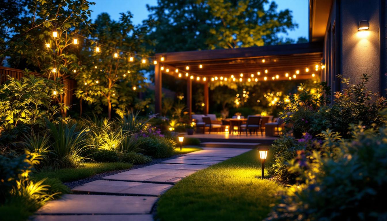 A photograph of a beautifully illuminated outdoor space featuring various styles of led flood lights in use