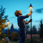 A photograph of a skilled lighting contractor installing tall outdoor lights in a beautifully landscaped garden at dusk