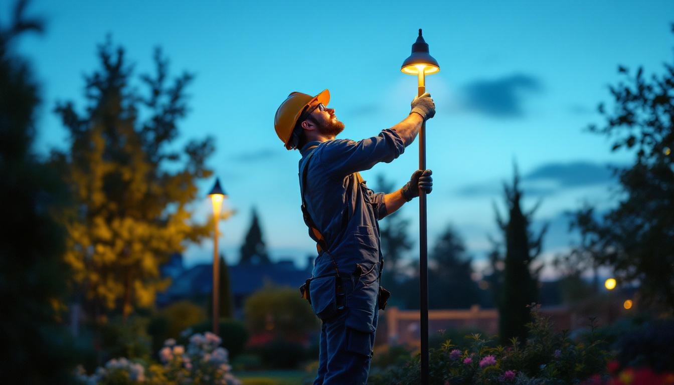 A photograph of a skilled lighting contractor installing tall outdoor lights in a beautifully landscaped garden at dusk
