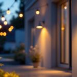 A photograph of a beautifully illuminated outdoor space featuring stylish outdoor lights with integrated electrical outlets
