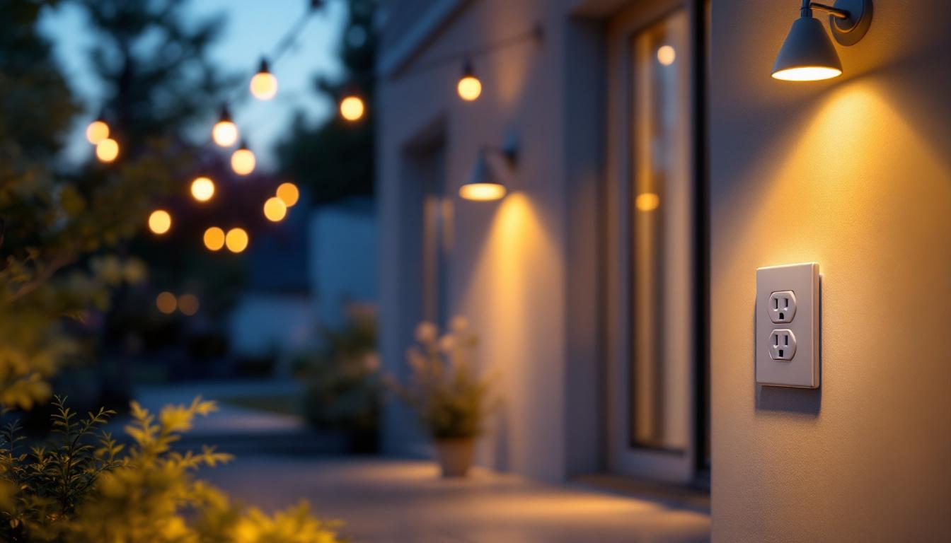 A photograph of a beautifully illuminated outdoor space featuring stylish outdoor lights with integrated electrical outlets