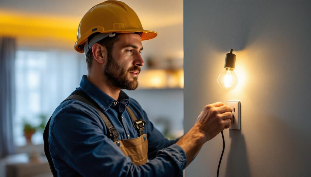 A photograph of a skilled lighting contractor installing or adjusting a switchable receptacle in a stylish residential setting