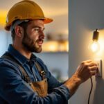 A photograph of a skilled lighting contractor installing or adjusting a switchable receptacle in a stylish residential setting