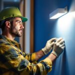 A photograph of a skilled lighting contractor installing led lights within a stylish wall setting