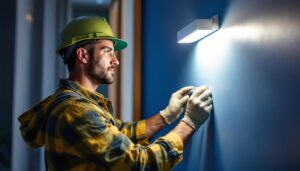 A photograph of a skilled lighting contractor installing led lights within a stylish wall setting