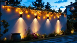 A photograph of a beautifully illuminated exterior wall showcasing various lighting styles