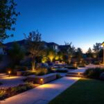 A photograph of a beautifully lit outdoor space featuring a variety of accent lights illuminating pathways