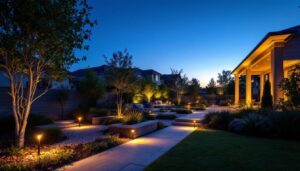 A photograph of a beautifully lit outdoor space featuring a variety of accent lights illuminating pathways