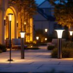 A photograph of a beautifully illuminated outdoor space featuring various styles of pedestal lights