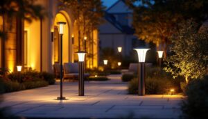 A photograph of a beautifully illuminated outdoor space featuring various styles of pedestal lights