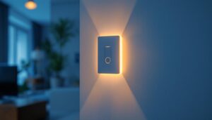 A photograph of a modern automatic light switch sensor installed in a stylish home setting