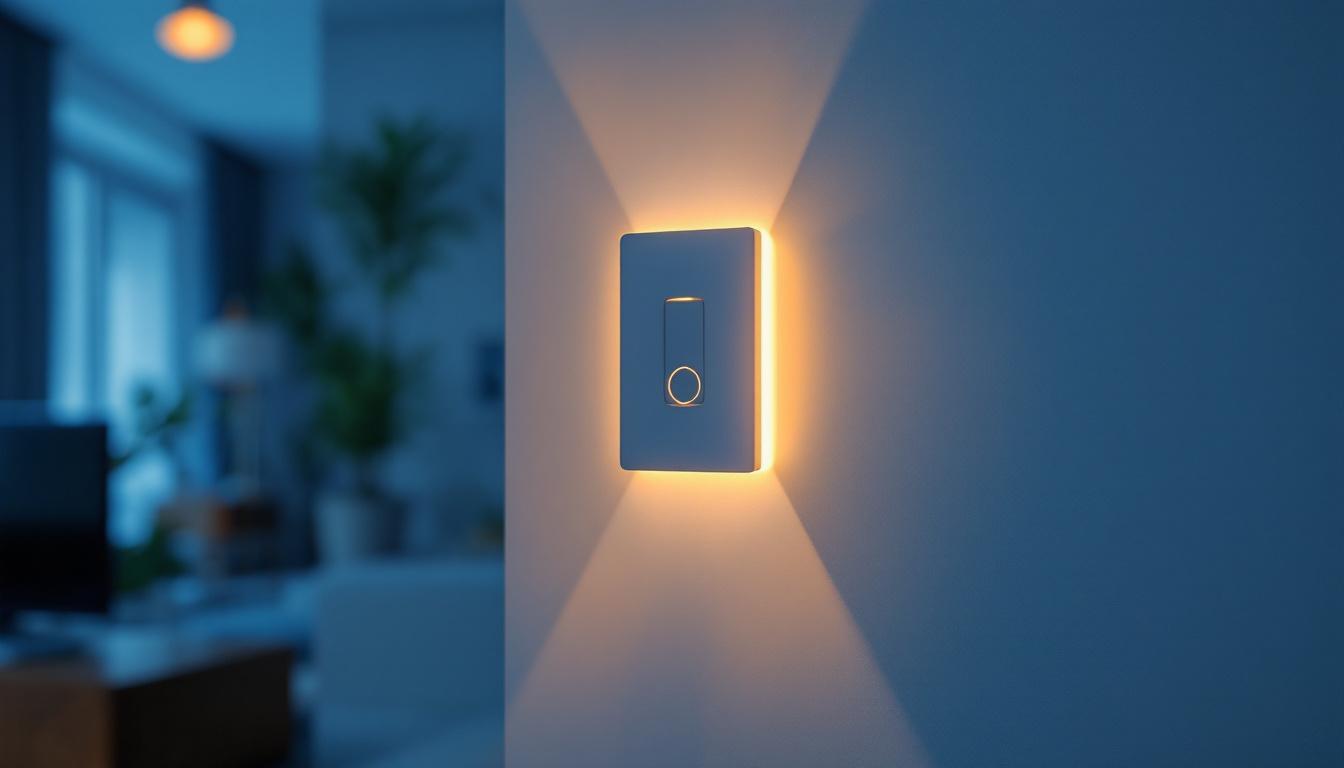 A photograph of a modern automatic light switch sensor installed in a stylish home setting