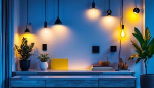 A photograph of a beautifully designed room showcasing a variety of lighting fixtures