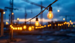 A photograph of a well-lit construction site at dusk