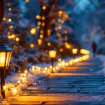 A photograph of a beautifully illuminated pathway lined with solar christmas path lights