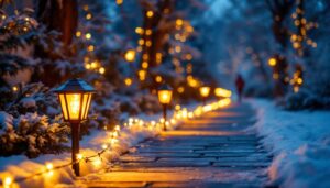 A photograph of a beautifully illuminated pathway lined with solar christmas path lights