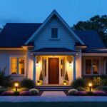 A photograph of a beautifully illuminated outdoor space featuring various types of exterior lighting fixtures