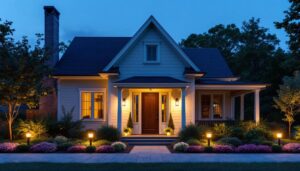 A photograph of a beautifully illuminated outdoor space featuring various types of exterior lighting fixtures