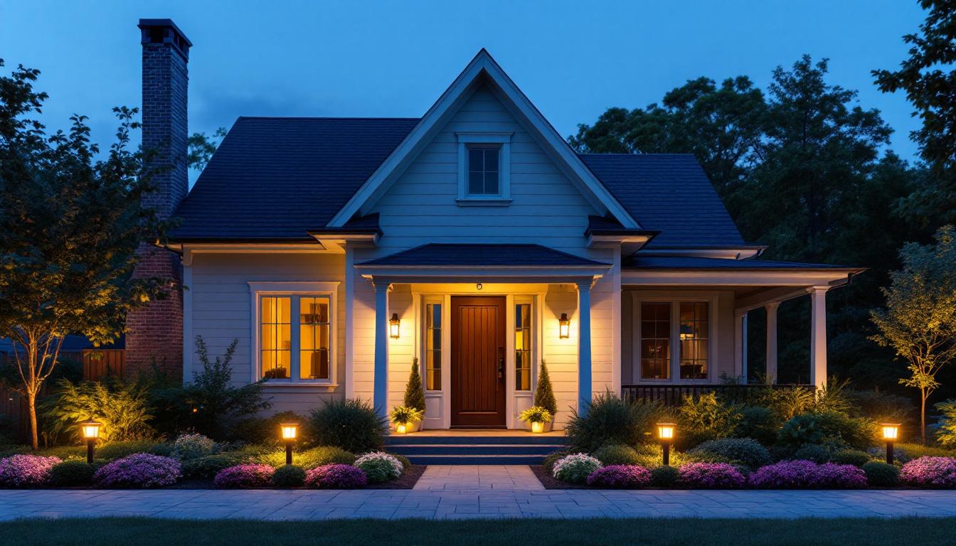A photograph of a beautifully illuminated outdoor space featuring various types of exterior lighting fixtures