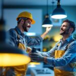 A photograph of a lighting contractor in action