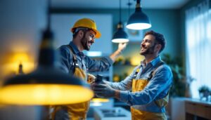 A photograph of a lighting contractor in action