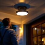 A photograph of a stylish flush mount outdoor ceiling light installed on a porch or patio