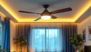 A photograph of a stylishly designed ceiling fan light in a well-lit room
