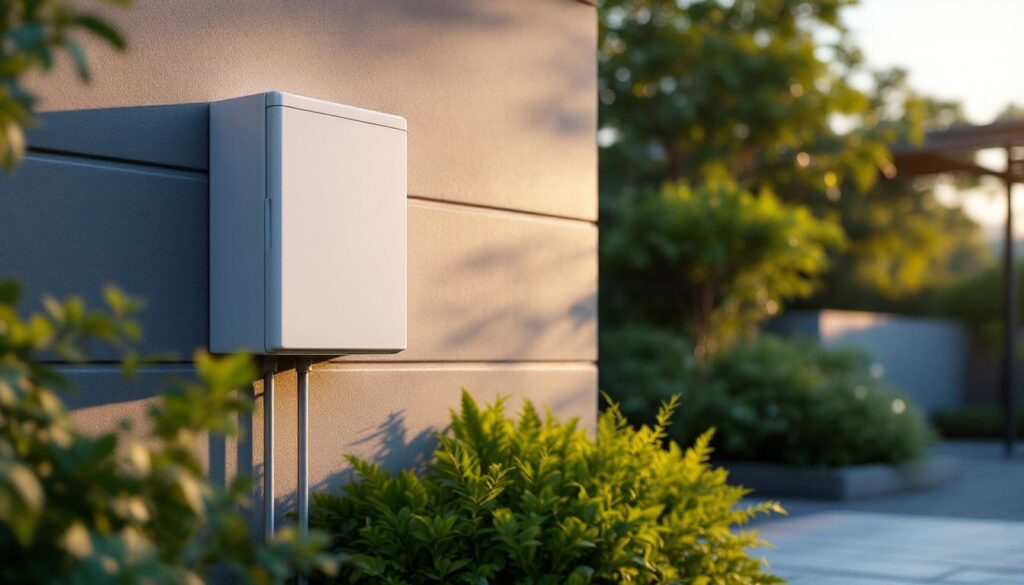 A photograph of a weatherproof outdoor electrical box installed in a landscaped garden setting