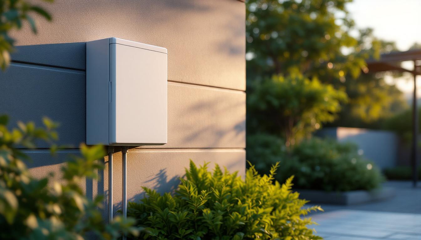 A photograph of a weatherproof outdoor electrical box installed in a landscaped garden setting