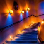 A photograph of a beautifully illuminated staircase featuring stylish lighting fixtures that highlight the architectural details