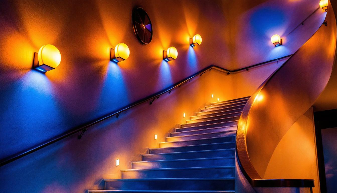 A photograph of a beautifully illuminated staircase featuring stylish lighting fixtures that highlight the architectural details