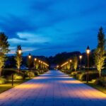 A photograph of a beautifully illuminated outdoor space at dusk