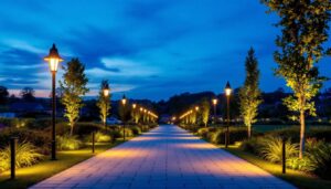 A photograph of a beautifully illuminated outdoor space at dusk