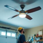 A photograph of a well-lit garage featuring a stylish ceiling fan in action