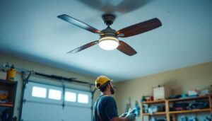 A photograph of a well-lit garage featuring a stylish ceiling fan in action