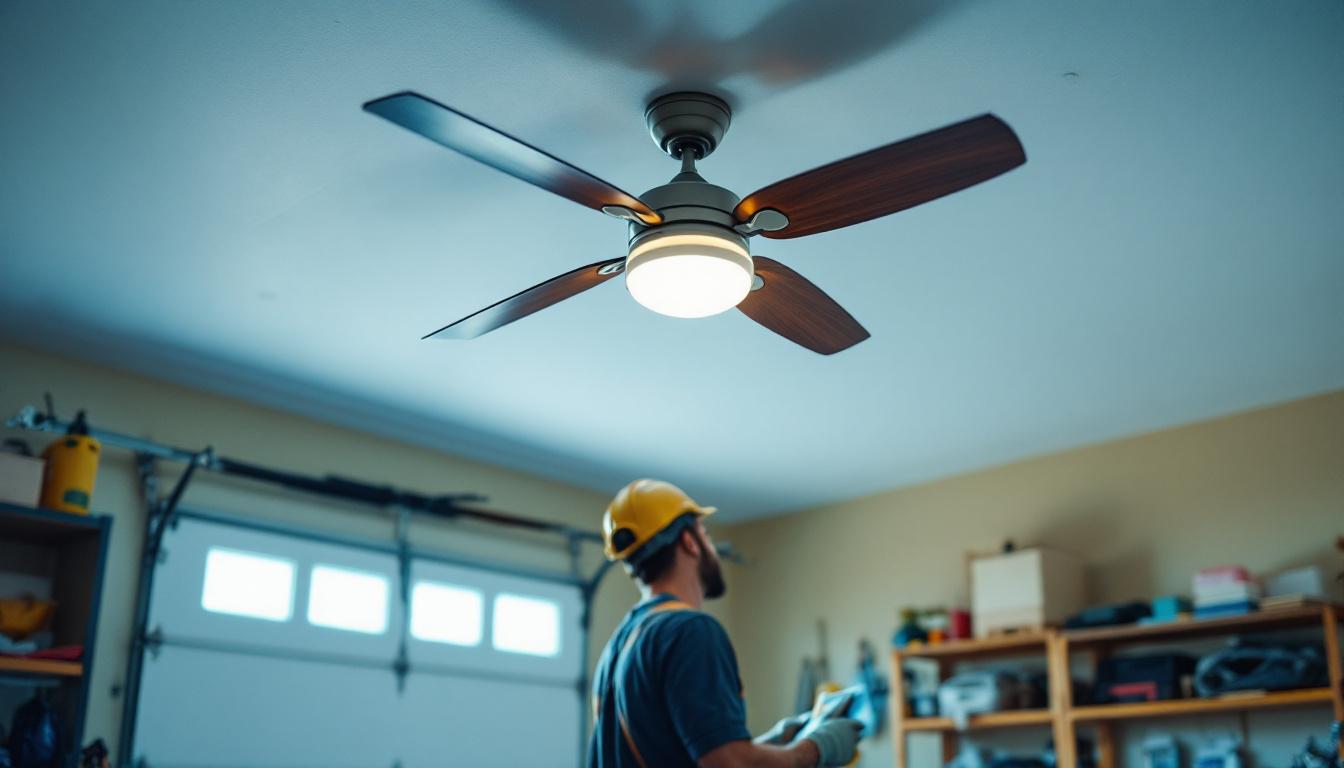 A photograph of a well-lit garage featuring a stylish ceiling fan in action