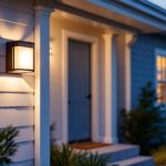 A photograph of a beautifully designed light sensing porch light illuminating a welcoming front entrance at dusk
