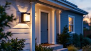A photograph of a beautifully designed light sensing porch light illuminating a welcoming front entrance at dusk