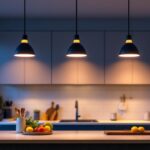 A photograph of a beautifully designed kitchen showcasing modern ceiling can lights in action