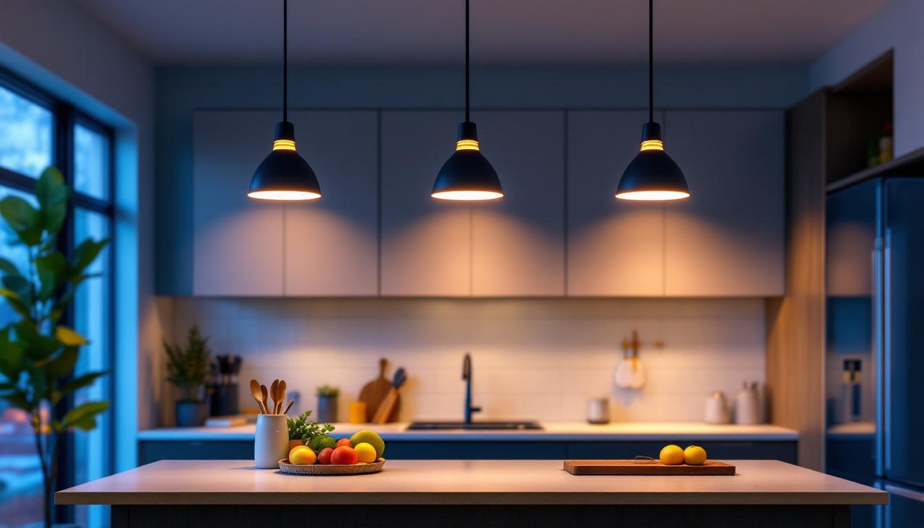 A photograph of a beautifully designed kitchen showcasing modern ceiling can lights in action