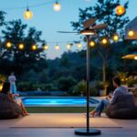A photograph of an outdoor space featuring a stylish outdoor fan with integrated lighting