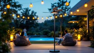 A photograph of an outdoor space featuring a stylish outdoor fan with integrated lighting