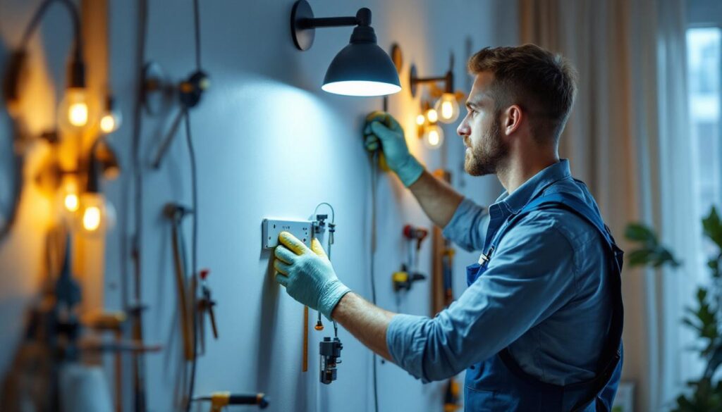 A photograph of a skilled lighting contractor working on a residential wall installation