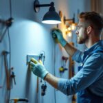 A photograph of a skilled lighting contractor working on a residential wall installation