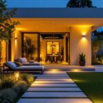 A photograph of a well-designed outdoor space illuminated by various up lighting fixtures