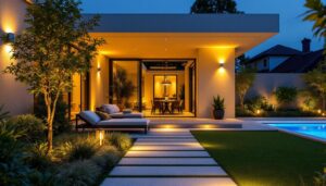 A photograph of a well-designed outdoor space illuminated by various up lighting fixtures