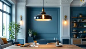 A photograph of a beautifully designed pendant light fixture hanging in an elegantly styled room