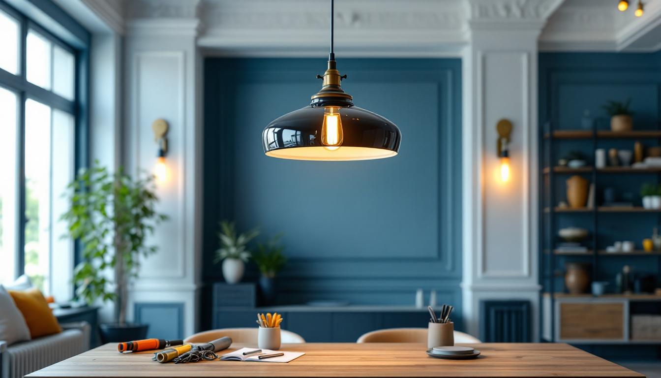 A photograph of a beautifully designed pendant light fixture hanging in an elegantly styled room