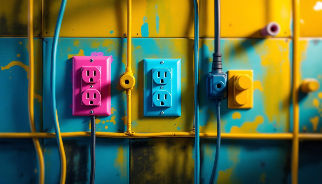 A photograph of a vibrant array of colored electrical outlets installed in a stylish setting