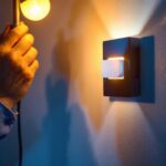 A photograph of a skilled lighting contractor installing a stylish wall dimmer switch in a modern home setting